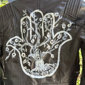 Black Vegan Leather Jacket with White Hand Design